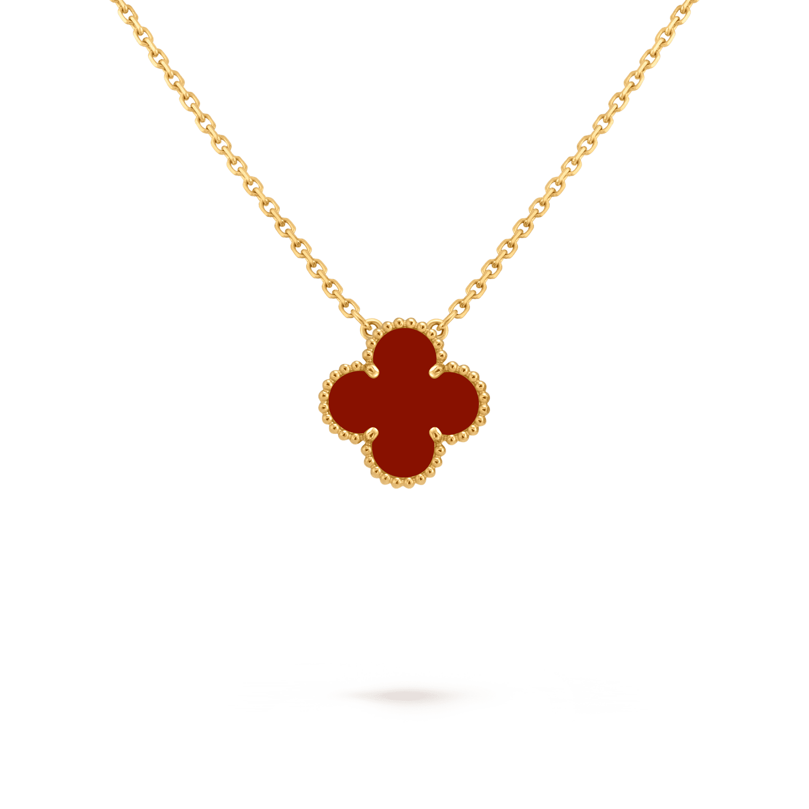 Single four-leaf clover 18k gold necklace inlaid with carnelian.
